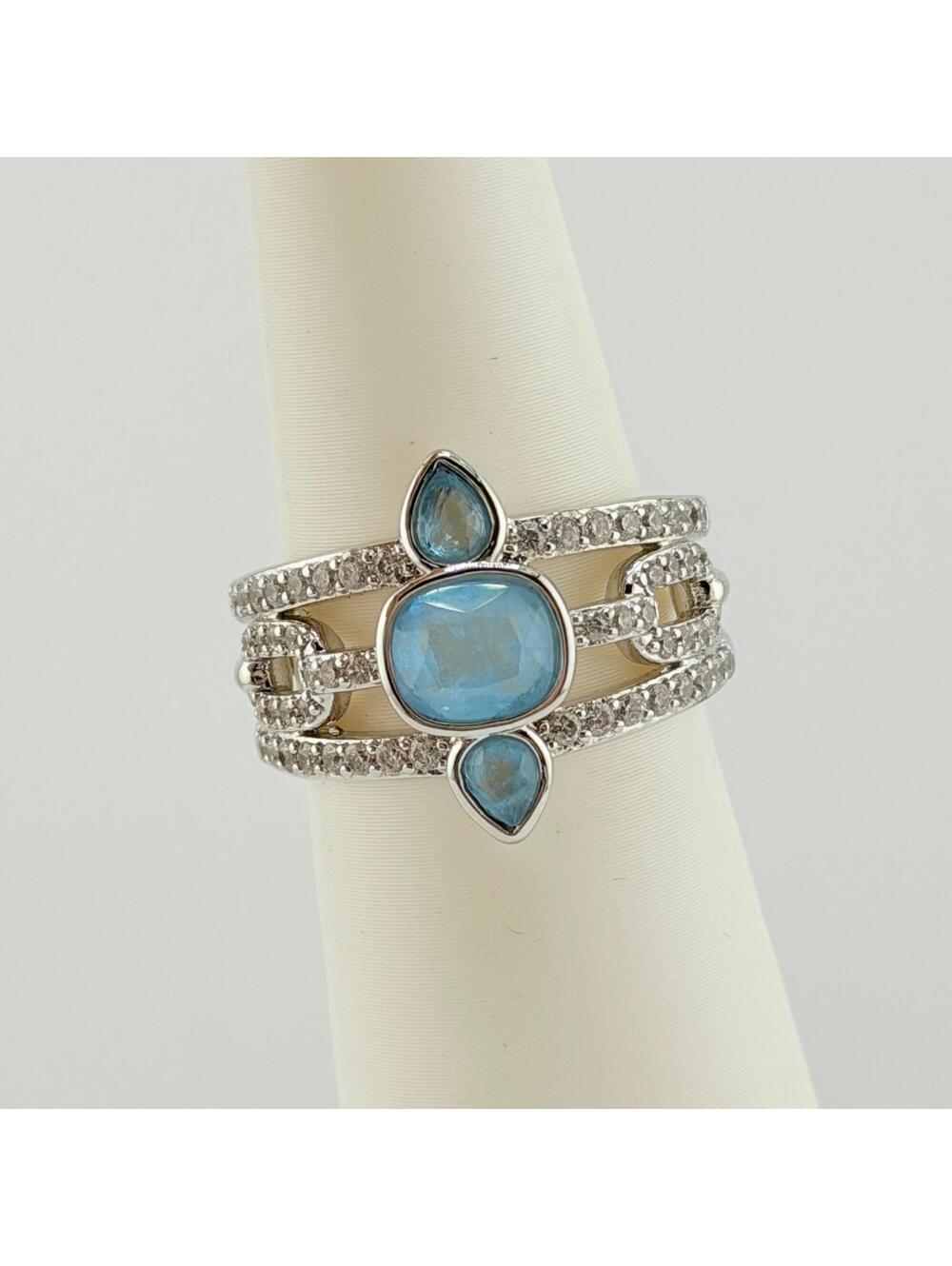 Bomb Party Sz 8 "Daylight Dreamscape" Baby Sky Blue Topaz +Quartz on Rhodium
